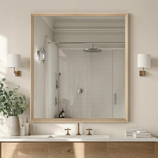 Oak Wood Effect Framed Wall Mirror, 36x40 Rectangle Mirror, Anti-desilvering by Ultrue