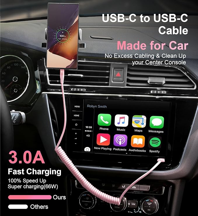 USB C to C Cable 3FT for Car, Coiled USB C Fast Charging Cable for iPhone - Image 3