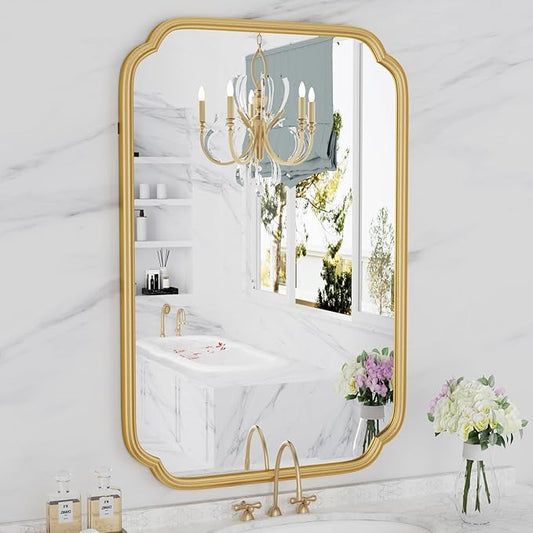 Gold Bathroom Mirror for Wall 20" x 30" Modern Rounded Corner Rectangle Mirror by FerytangeHome