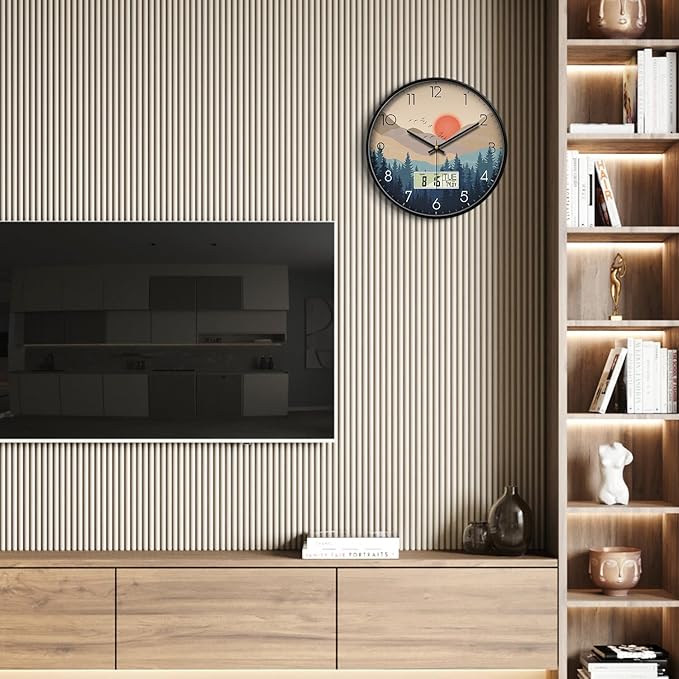 Silent Wall Clock with Day Week Temperature Wilderness with Sunset Non-ticking - Image 4