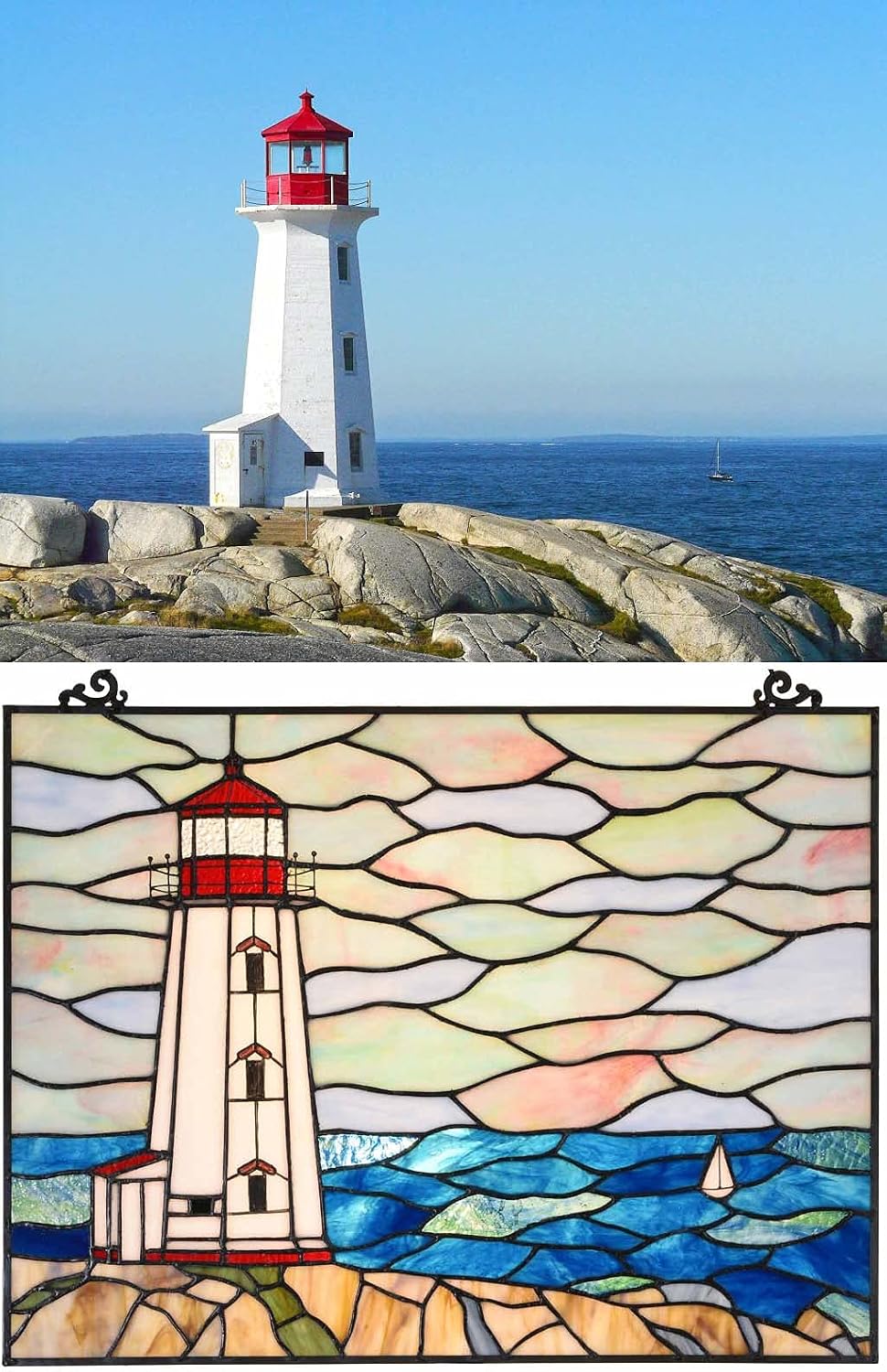 Bieye W10066 Peggy's Point Lighthouse Tiffany Style Stained Glass Window Hangings Panel, 19" W x 14.4" H