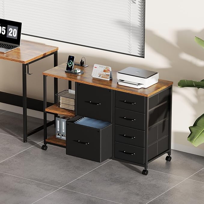6 Drawer File Cabinet with Charging Station Rolling Printer Stand with Open - Image 2
