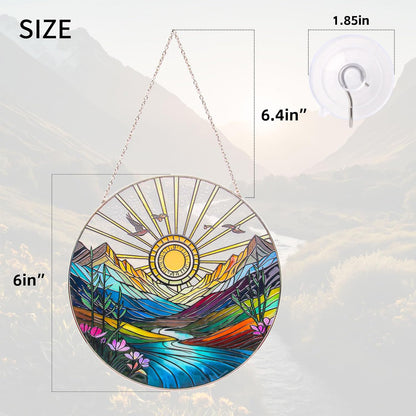 Sun Mountains Stained Glass Window Hanging, Sunrise & Sunset Design, Round Stained Glass Sun Catcher Window Hanging Decor, Handcrafted Art Panel for Indoor/Outdoor Light Catchers, Home Gifts (6inch)