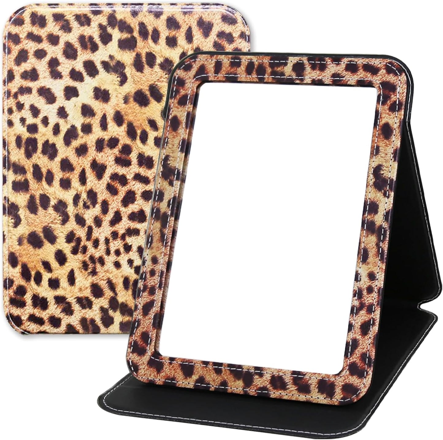 Foldable Travel Makeup Mirror, Portable PU Leather Standing Desk Mirror Rounded Corner, Large Folding Desktop Vanity Mirror with Adjustable Stand for Vanity Table, Office, Camping Leopard Print