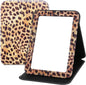 Foldable Travel Makeup Mirror, Portable PU Leather Standing Desk Mirror Rounded Corner, Large Folding Desktop Vanity Mirror with Adjustable Stand for Vanity Table, Office, Camping Leopard Print