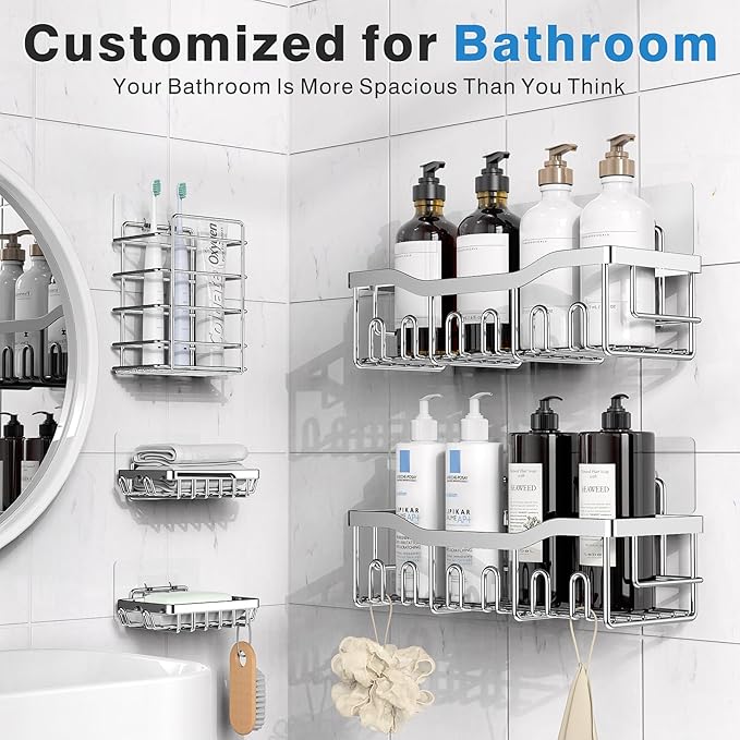 EUDELE 5-Pack Rustproof Stainless Steel Shower Caddy – No Drill Adhesive - Image 2