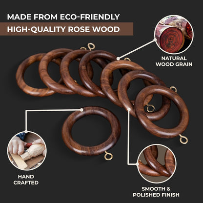 Handcrafted Natural Rose Wood Curtain Rings with Hooks – 2.5" Outer, 1.75" Inner Diameter – Smooth Wooden Drapery Rings for Rod with Metal Hooks – Pack of 48