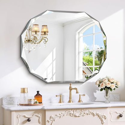 GLASHOM Frameless Bathroom Mirror, 30x36 inch Vanity Mirror Beveled Edge Wall by GLASHOM