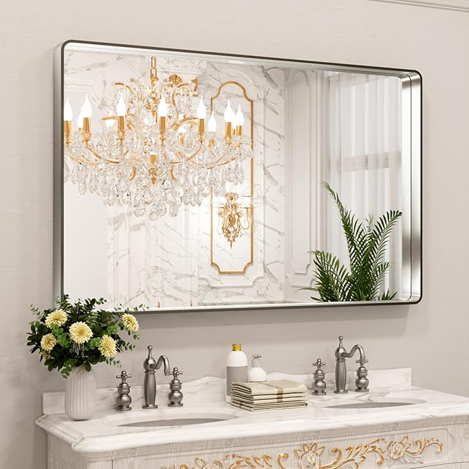LOAAO 55X36 Inch Brushed Nickel Bathroom Mirror, Rounded Rectangle Silver Metal by LOAAO