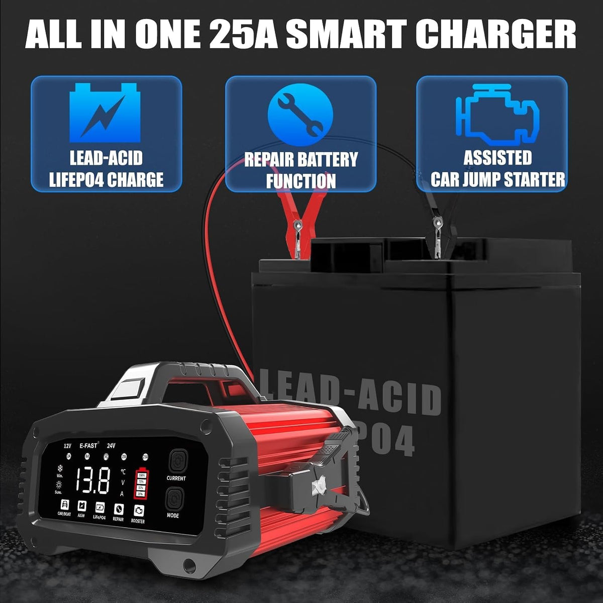 E-FAST 25A Smart Car Battery Charger, 12V/24V Automatic Automotive Battery Ma...