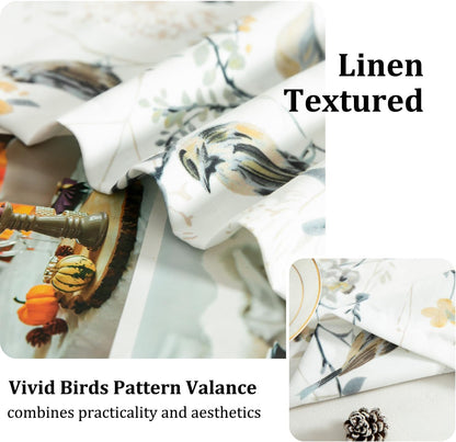 Faux Linen Curtains Valance for Farmhouse, 1 Panel Birds Print Country Style Window Topper for Living Dining Room, Top Rod Pocket, 42 x 12 Inches, Grey