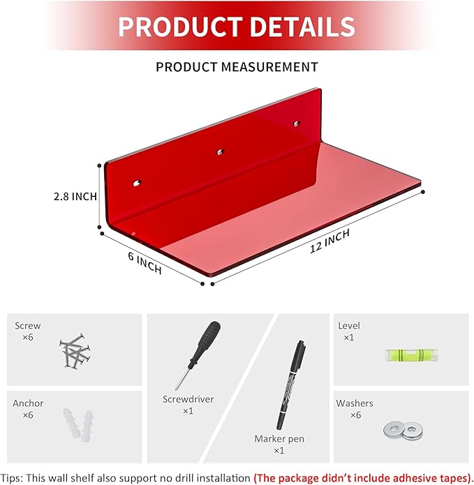 12 Inches Red Small Wall Shelves, Acrylic Bathroom Floating Shelves - Image 2