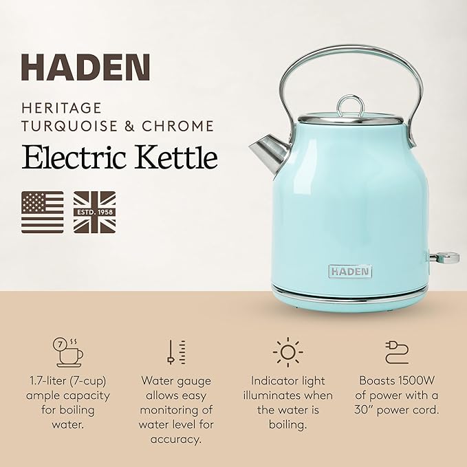 Haden Heritage 1.7 Liter Stainless Steel Electric Kettle, Hot Water Kettle - Image 2