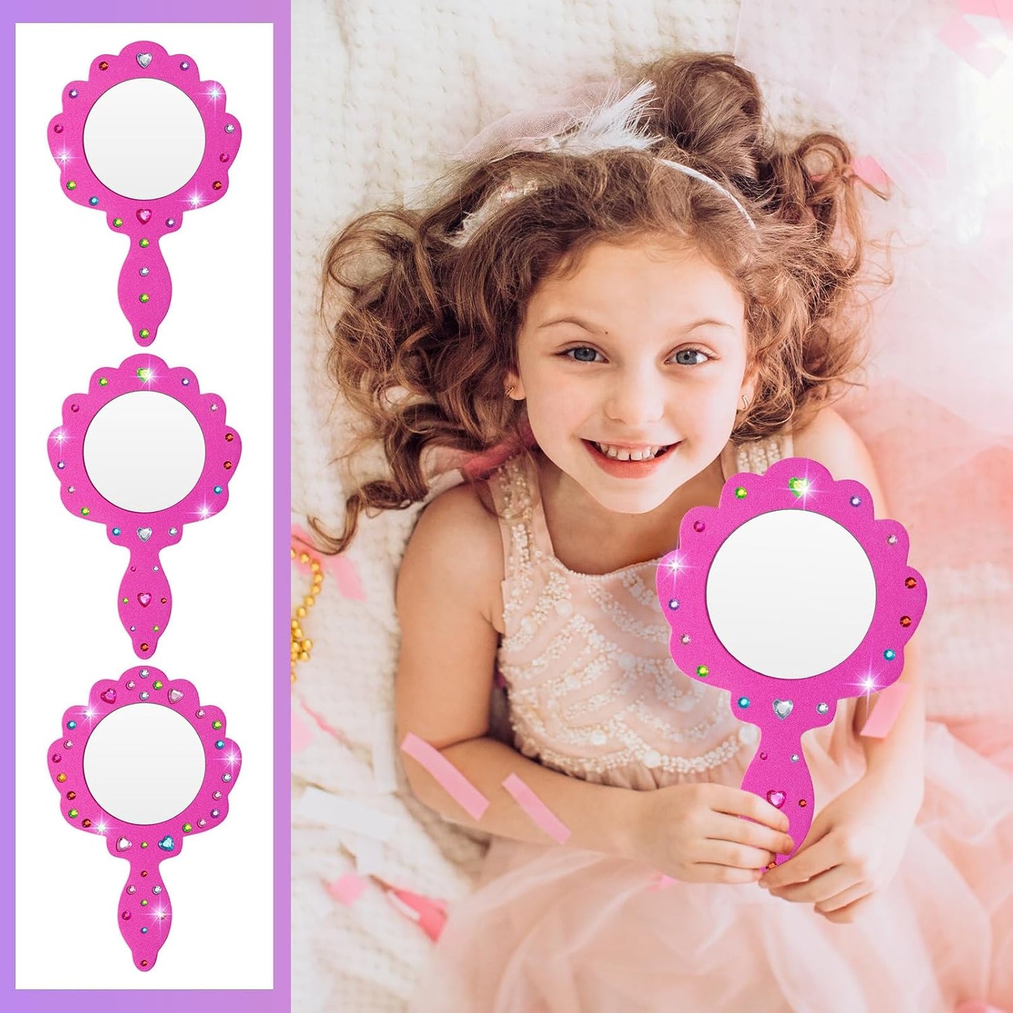 Geetery 20 Pcs Unbreakable Kids Mirror DIY Decorate Your Own Princess Mirror Mermaid Foam Small Crafts Princess Party Decorations(Pink)
