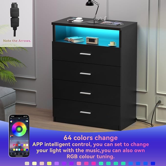 Dresser with Power Outlets and LED Lights Wooden 4 Drawer Dresser with Large - Image 4