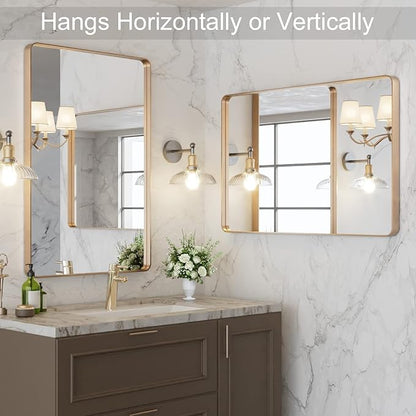 LOAAO 24”X32” Gold Bathroom Mirror, Rounded Rectangle Gold Frame Mirror - Image 7