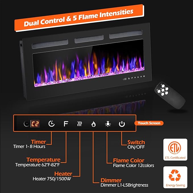 36" Electric Fireplace Wall Mounted and Recessed - Image 2