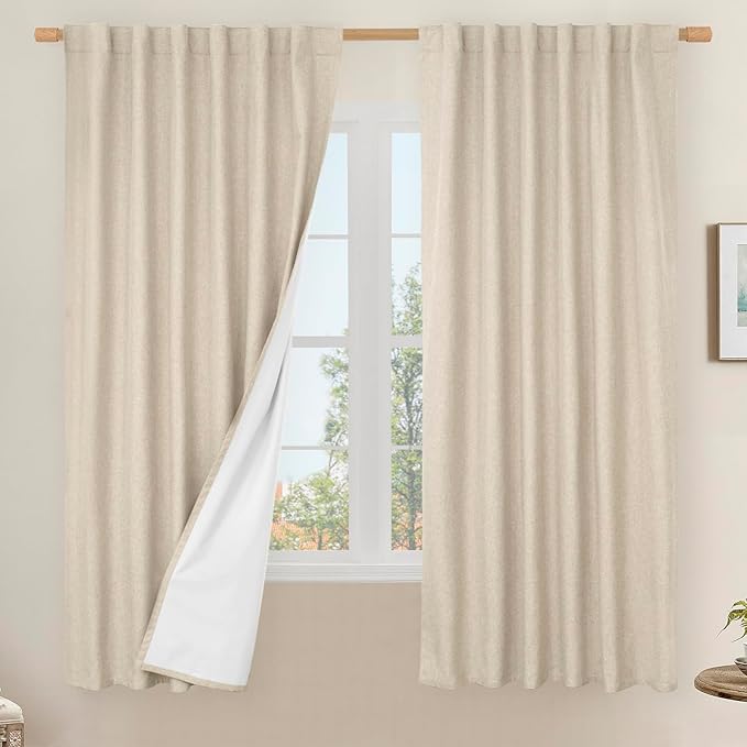 LAMIT 100% Blackout Natural Linen Curtains, 63 Inches Linen Textured Thermal by LAMIT