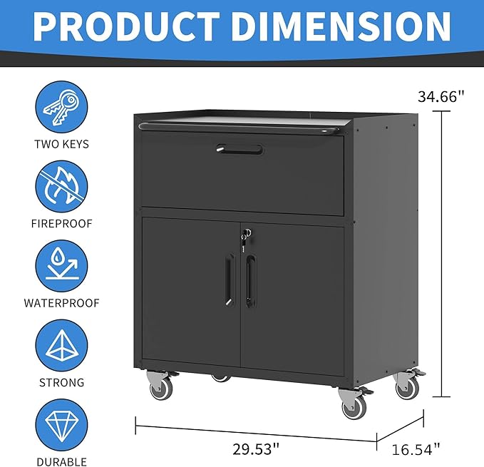 Metal Storage Cabinet with Wheels, Lockable Garage Storage Cabinet with 2 Doors - Image 3