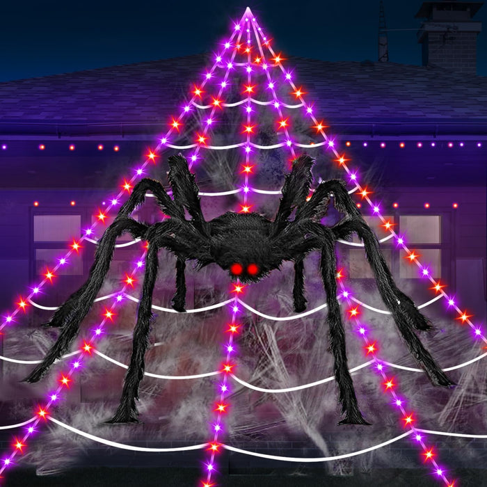 Halloween Decorations Outdoor Spider Web Lights, 23Ft 350 LED Light up Spider Web with 6.6Ft Giant Spider, 8 Modes Waterproof Timer Spiderweb Lights for Garden ＆ Haunted House Decor, Purple + Orange