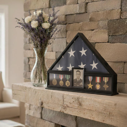 Bey-Berk Personalized American Burial Flag Display Case (Black), Solid Wood Military Shadow Box with Medal Display, 4" x 6" Photo Frame and Glass Front, Fits 5' x 9.5' Veteran Flag