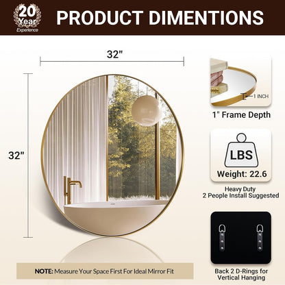 Gold Round Mirror, Large Brushed Gold Round Bathroom Mirror, Brass Circle Mirror 32 inch, Modern Vanity Mirror in Stainless Steel Metal Frame for Home Decor, Entryway, Living Room
