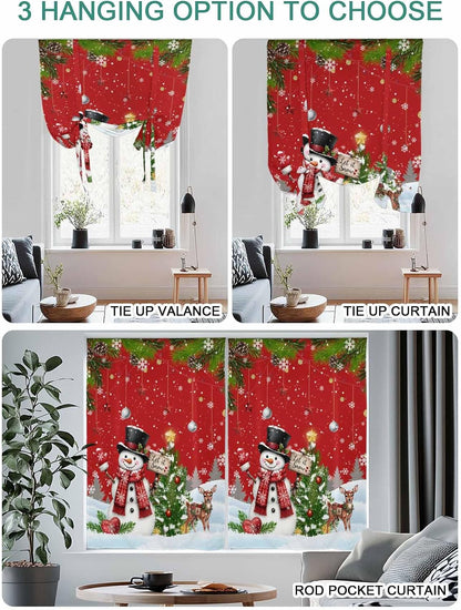 Christmas Snowman Reindeer Pine Tree Bell Tie Up Curtains for Windows, Cartoon Style Rod Pocket Window Shade Adjustable Balloon Curtain Valance for Bedroom Kitchen Bathroom Blinds 34x45in