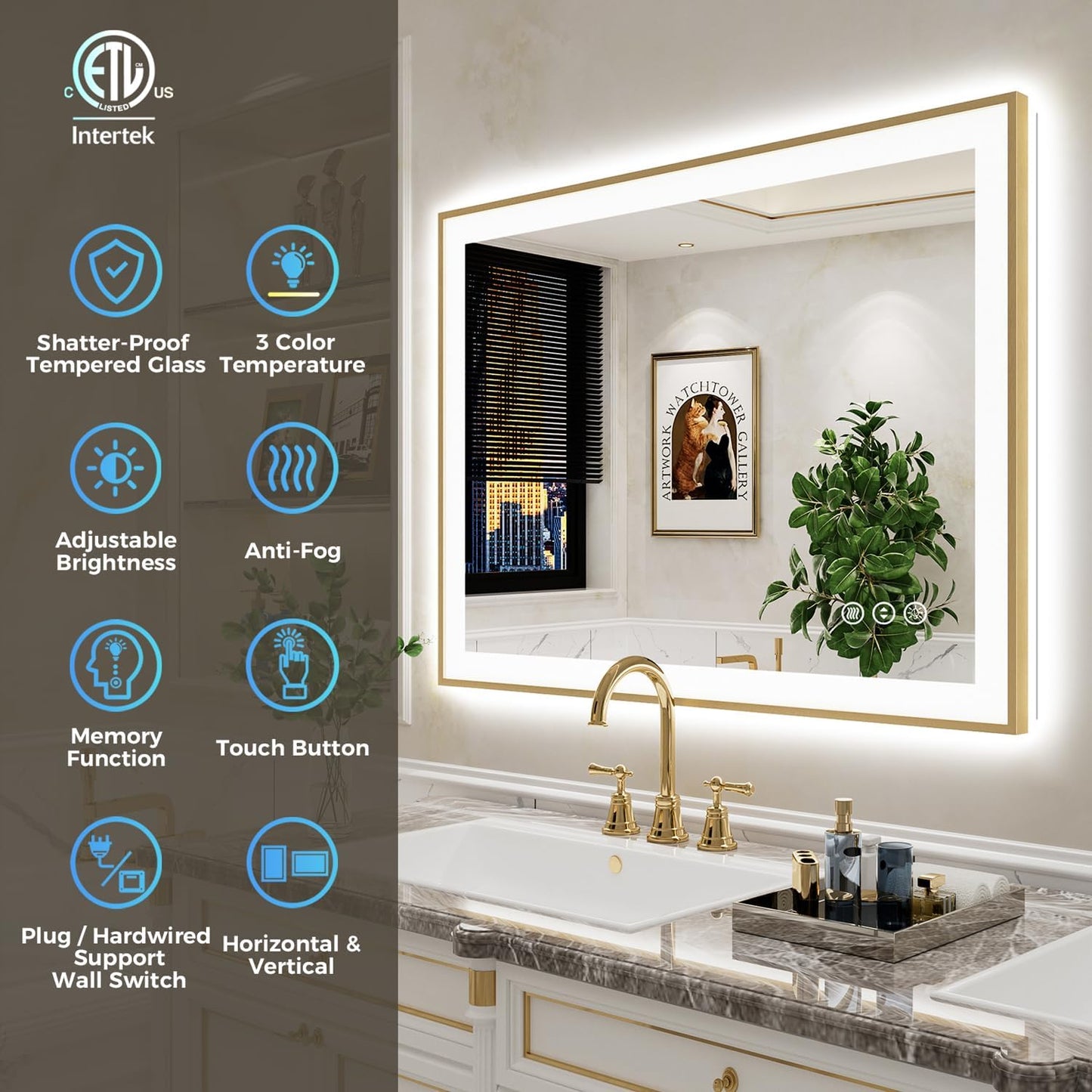 24x36 LED Bathroom Mirror with Lights, Gold Framed Lighted Mirror | Backlit and Front light, Anti-Fog, 3 Color Dimmable, Memory, Tempered Glass, IP54 Waterproof, UL Listed