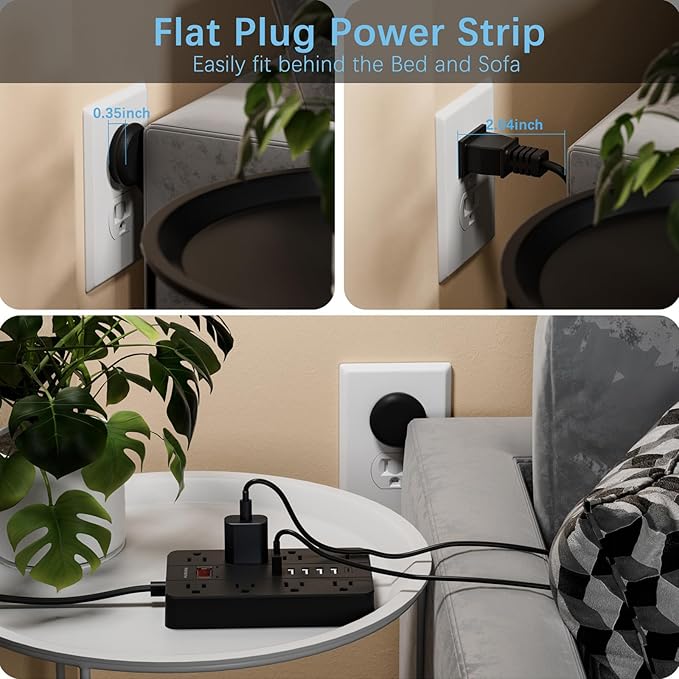 15 Ft Long Extension Cord Power Strip Surge Protector, HUNIAN Flat Plug - Image 3