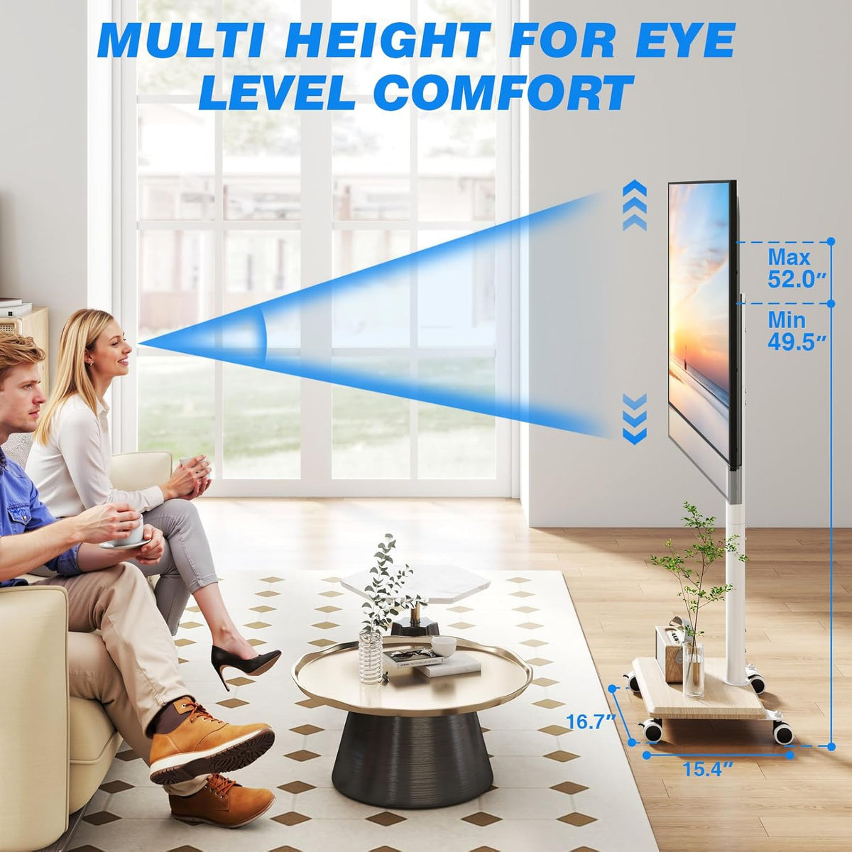 Rfiver Rolling TV Stand for 32 to 60 Inch TV up to 88lbs Wood Base White