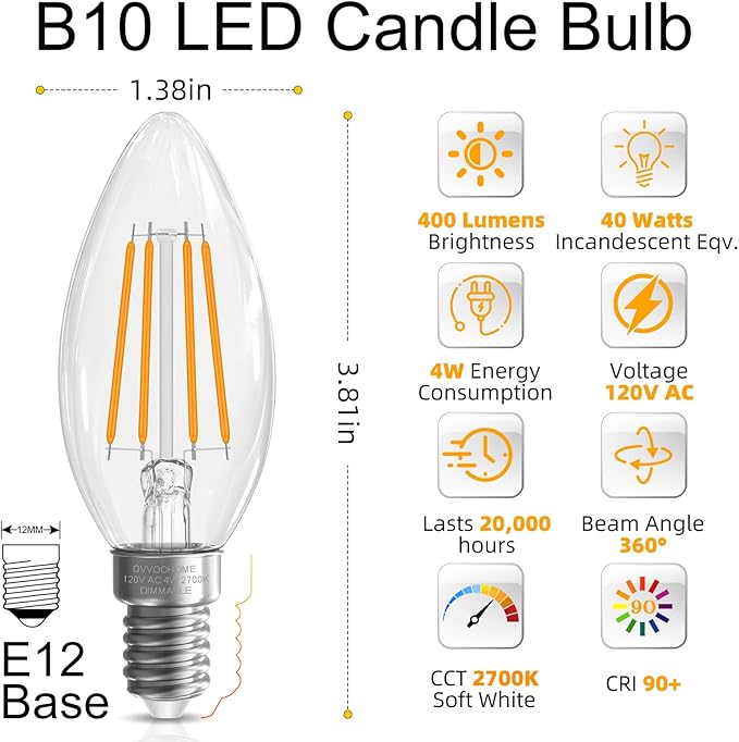 GvvooHome Candelabra Light Bulbs 40 watt Equivalent, E12 LED Bulb Dimmable - Image 2