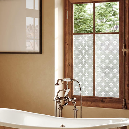 Pure White Window Privacy Film Decorative Pattern Design, Removable Frosted Glass Window Film Cling for Glass Window Door, Fleur De Lis 78.74"x22.83"