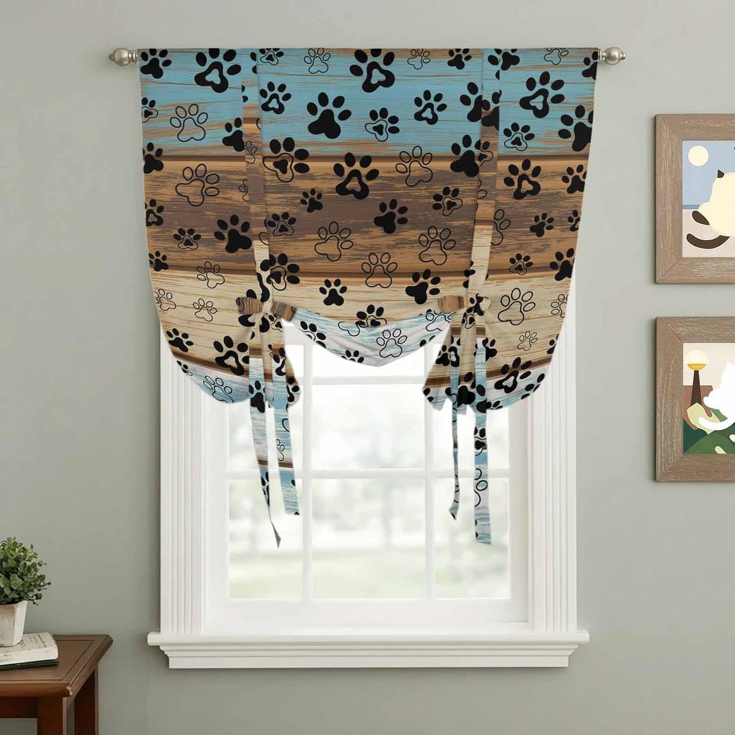 Cute Dog Claws Tie Up Curtains for Window, Farmhouse Blue Wooden Puppy Pawprints Thermal Insulated Balloon Shade Adjustable Rod Pocket Curtains Valance Panels for Kitchen Bathroom Café 52'' x 45''