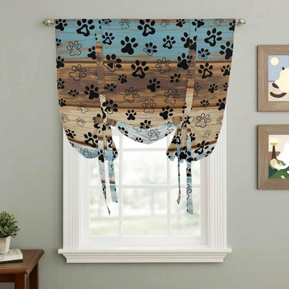 Cute Dog Claws Tie Up Curtains for Window, Farmhouse Blue Wooden Puppy Pawprints Thermal Insulated Balloon Shade Adjustable Rod Pocket Curtains Valance Panels for Kitchen Bathroom Café 52'' x 45''