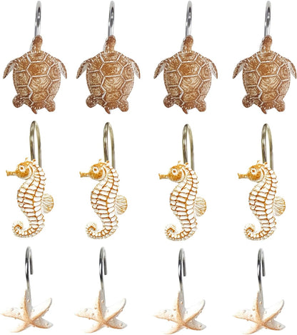 YUKUNTANG Seashell Shower Curtain Hooks, 12 Pcs Anti Rust Decorative Resin Shower Curtain Rings for Bathroom Bedroom Baby Room Decoration (Brown Seashell 5)