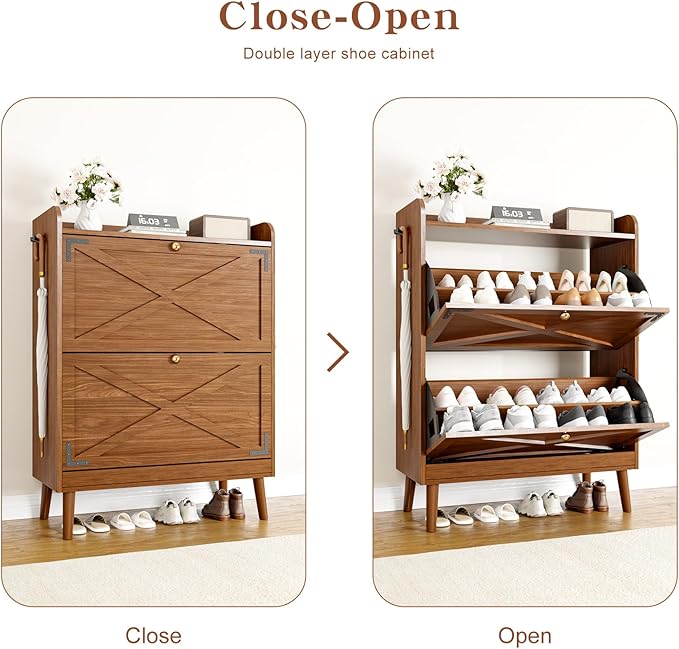 Shoe Storage Cabinet with 2 Flip Drawers & Adjustable Shelves, Narrow Shoe - Image 3