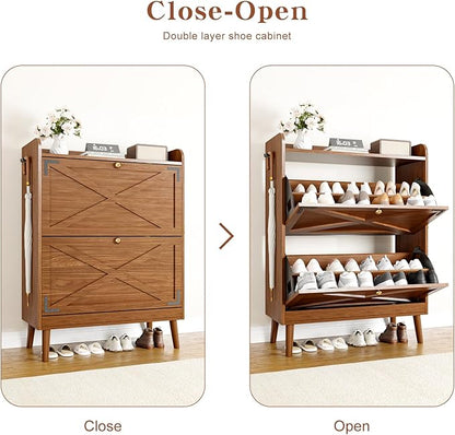 Shoe Storage Cabinet with 2 Flip Drawers & Adjustable Shelves, Narrow Shoe - Image 3