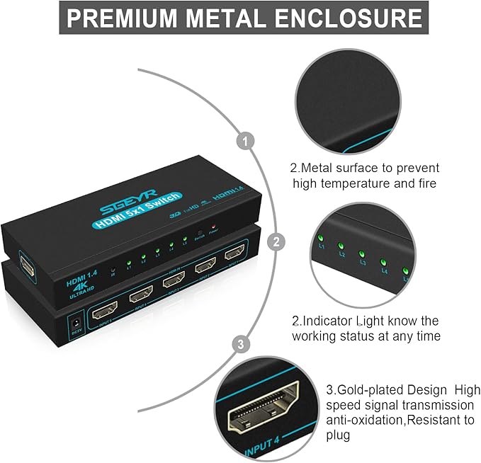 HDMI Switch SGEYR 5x1 HDMI Switcher 5 in 1 Out HDMI Selector 5 Port Box - Image 3
