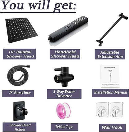 10" High Pressure Square Rainfall Shower Head and 2-in-1 Hand Shower, Rainfall - Image 7