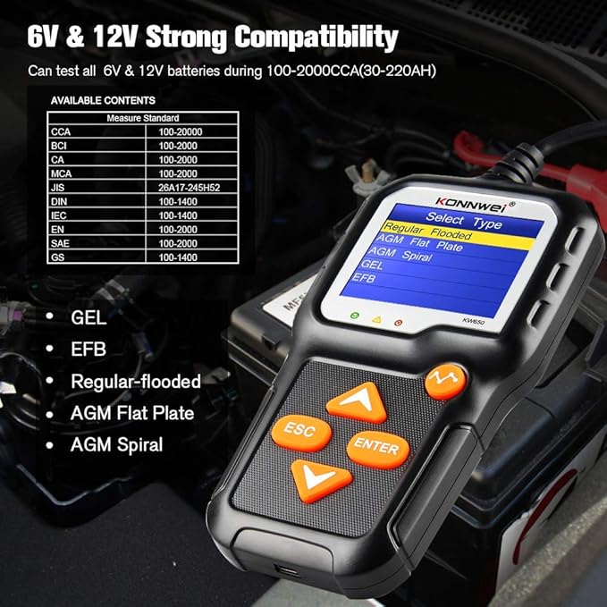 KONNWEI KW650 6V 12V Car Battery Tester, 100-2000 CCA Battery Load Tester - Image 3