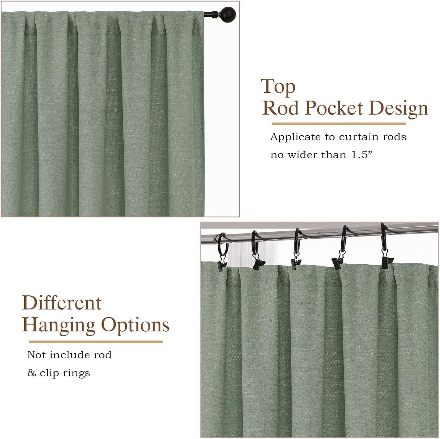 Sage Green Kitchen Curtains 36 Inch Length 2 Panels Set, Light Filtering Faux Linen Textured Short Curtains Tier for Windows, Top Rod Pocket Curtain for Cafe Bathroom Basement Window, 30"Wx36"L