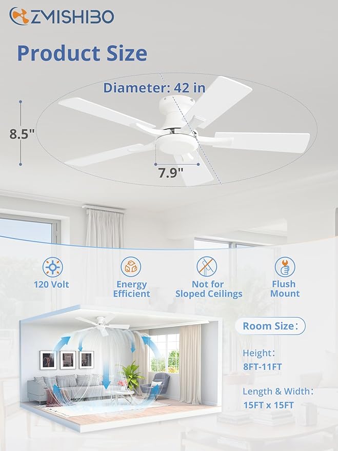 ZMISHIBO 42 Inch Ceiling Fan No Light, Flush Mount Low Profile, Modern White - Image 4