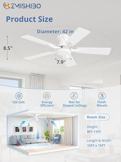 ZMISHIBO 42 Inch Ceiling Fan No Light, Flush Mount Low Profile, Modern White - Image 4