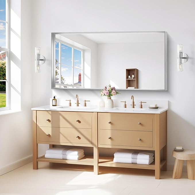 Silver Bathroom Mirror, 24x48 Inch Rectangular Framed Mirror, Large Wall - Image 2