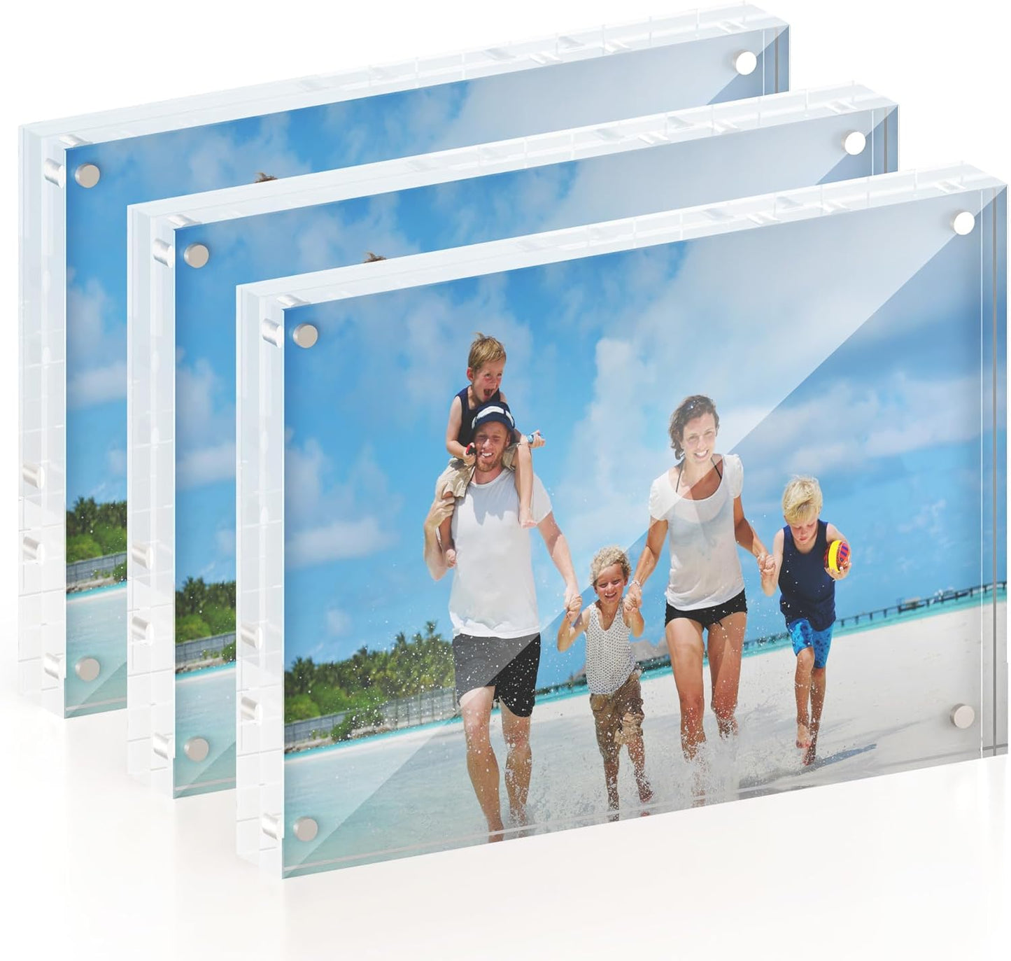 ATZYmolin 3 Pack 5x7 Acrylic Picture Frame, Magnetic Double Sided | 20mm Thick Frameless Clear Transparent Photo Frame, Self Standing for Desktop Tabletop, with Microfiber Cloth