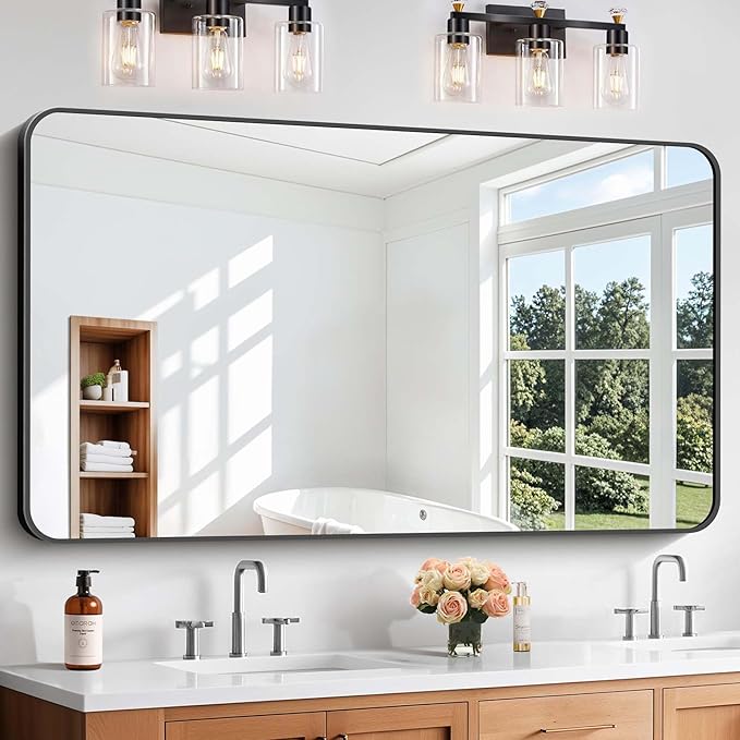 Bathroom Mirror, Metal Frame Rounded Corner Vanity Mirror, Large Wall Mounted by WelcometoCIVENO