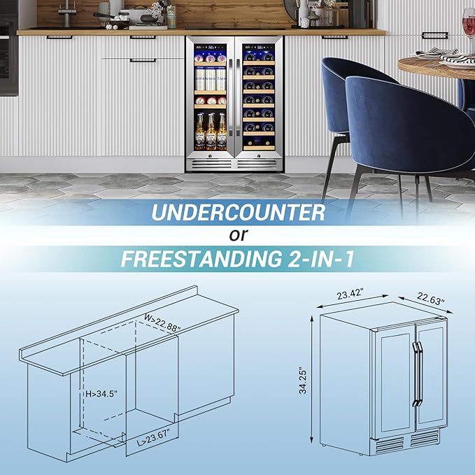 Wine and Beverage Refrigerator Under Counter, 24 Inch Beverage Fridge Dual Zone - Image 6