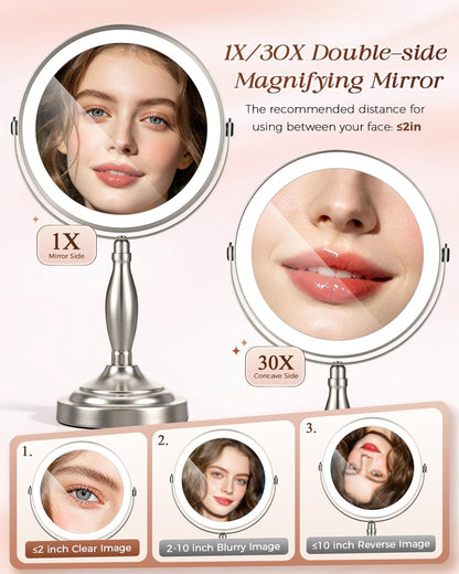 Makeup Mirror with Lights, 1X/30X Double Side Lighted Magnifying Mirror | 8'', 5000mAh Rechargeable Adjustable Brightness with 3 Colors, Side Touch & Side Charging with Adapter, Brushed Nickel