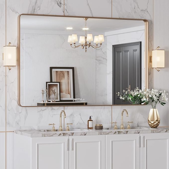 LOAAO 48”X30” Gold Bathroom Mirror, Rounded Rectangle Gold Frame Mirror - Image 4