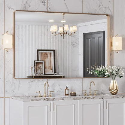 LOAAO 48”X30” Gold Bathroom Mirror, Rounded Rectangle Gold Frame Mirror - Image 4